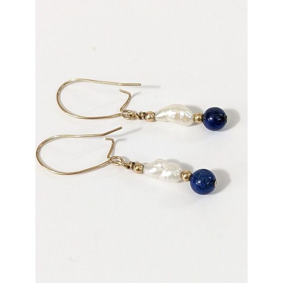 Baroque Pearl Lapis Lazuli Gold Tone Kidney Wire Dangle Earrings Elegant Dainty - Picture 9 of 11